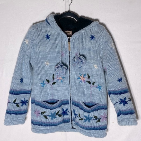 Kyber Blue Knit Full Zip Lined Wool Snowflake Flower Hoodie Sweater S - Picture 1 of 15